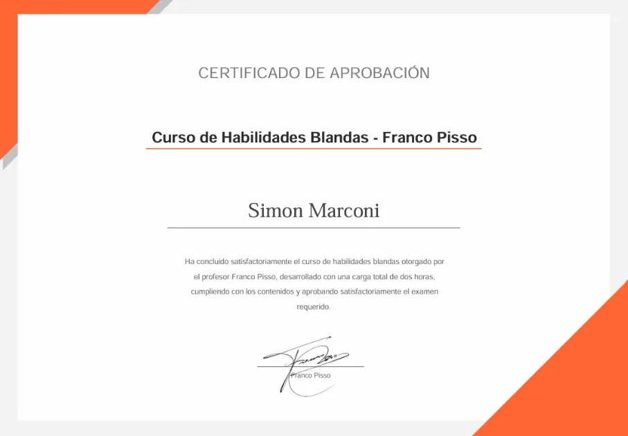 Certificado de aprobación del curso de habilidades blandas, Franco Pisso