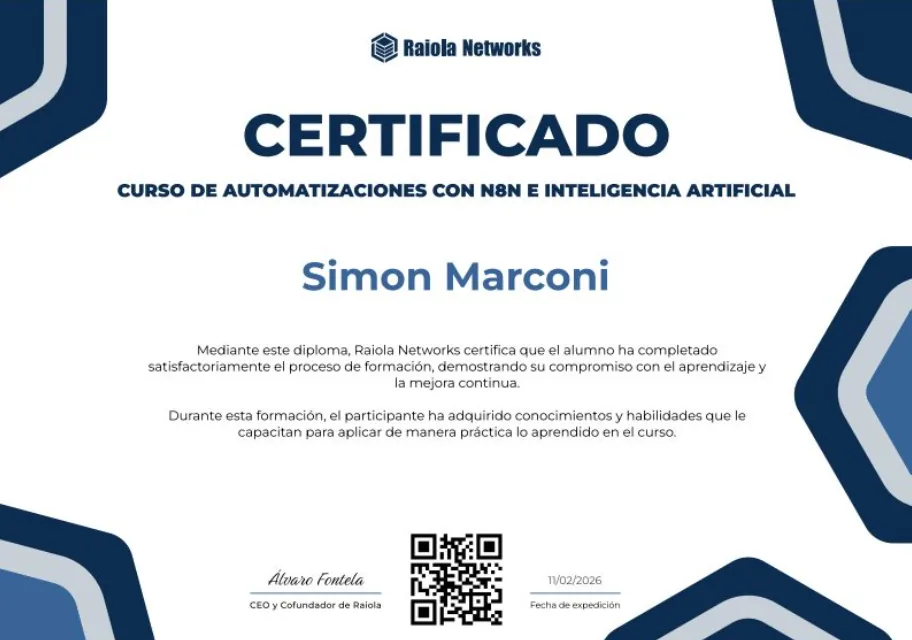 Certificado del curso de automatizaciones con n8n e IA, Raiola Networks