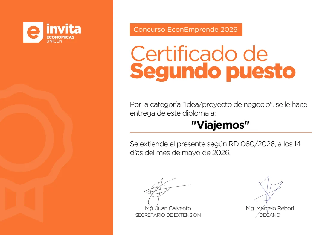 Certificado de segundo puesto en Concurso EconEmprende 2026, categoría Idea/proyecto de negocio, para Viajemos