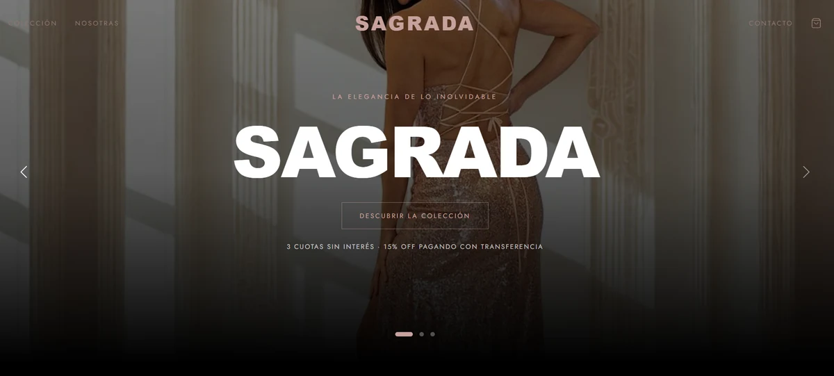 Sagrada en vivo: hero del sitio con vestido de fiesta y colección